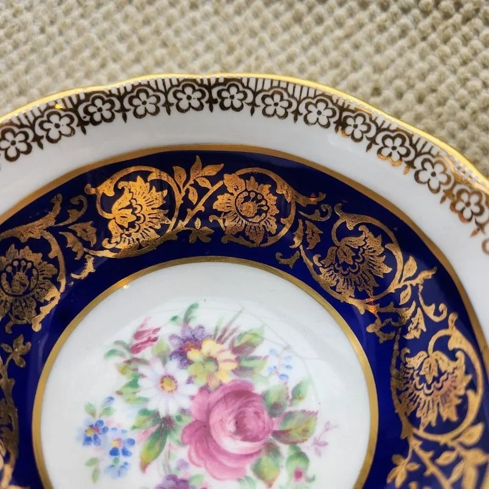 Paragon Teacup and Saucer Cobalt Gold Floral Cabbage Rose Flower Made in England